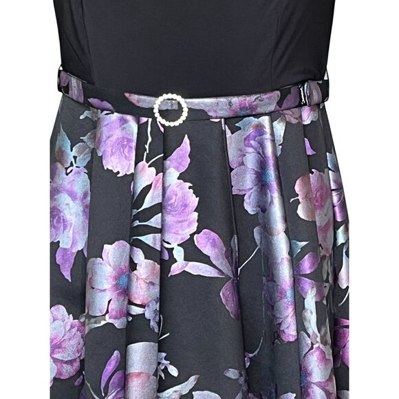 R&M Richards Petite 4 Black Purple Floral Fit & Flare Belted Holiday Party Dress - Picture 7 of 12